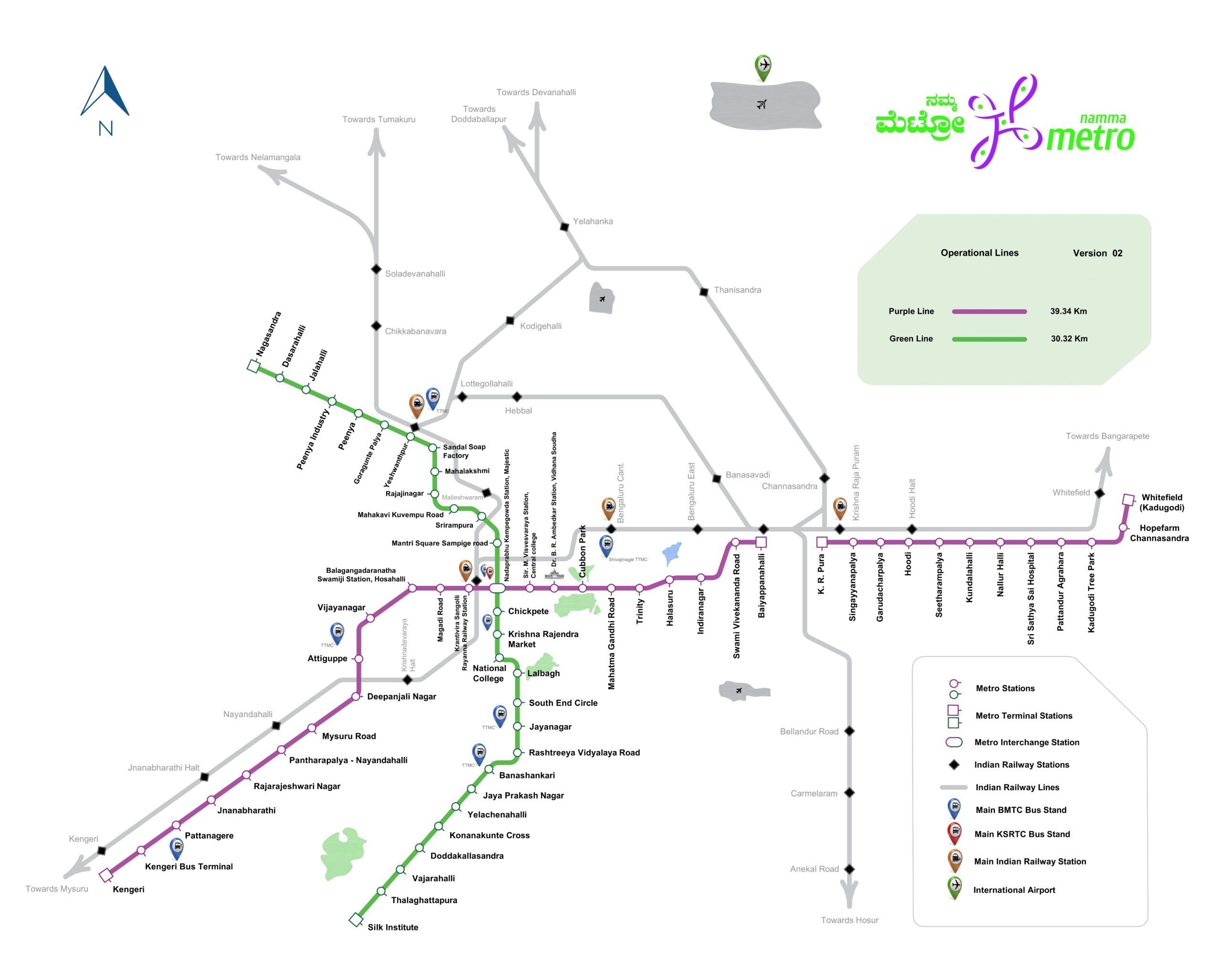 Bangalore Metro Map (Updated) - Purple Line Routes(Whitefield to Kengeri stations)